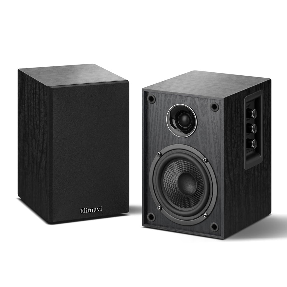 Elimavi powered Bluetooth 5.3 speakers front view showing compact desk setup and sound presence