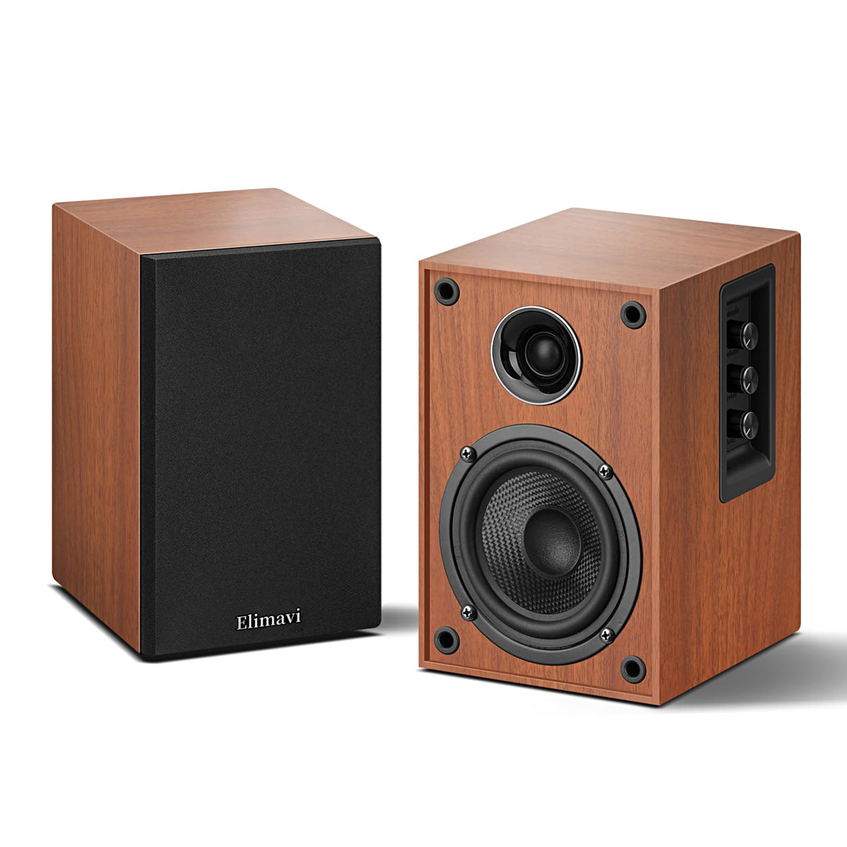 Elimavi powered Bluetooth 5.3 speakers with wooden cabinet front for immersive sound