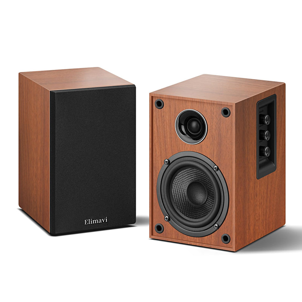 Elimavi powered Bluetooth 5.3 speakers with wooden cabinet front for immersive sound