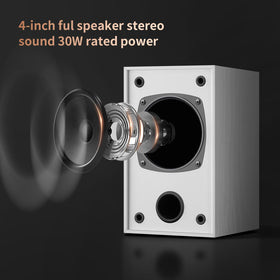 Elimavi speaker side-mounted on wall demonstrating space-saving mounting advantage