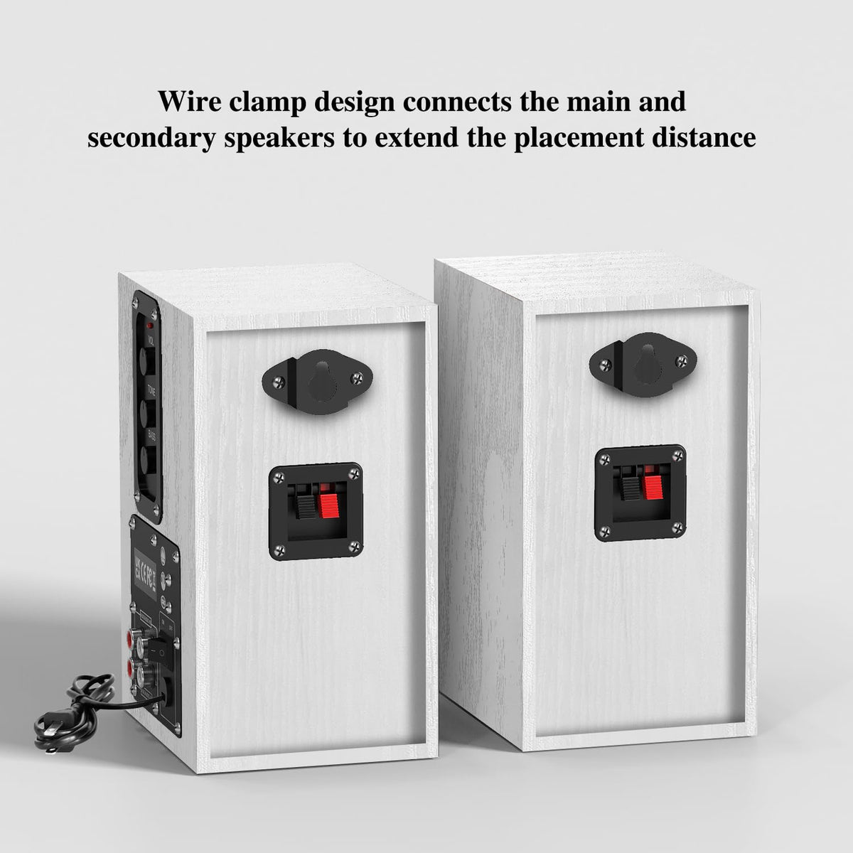 Elimavi wall-mounted speakers in living room showing space-saving setup and improved soundstage