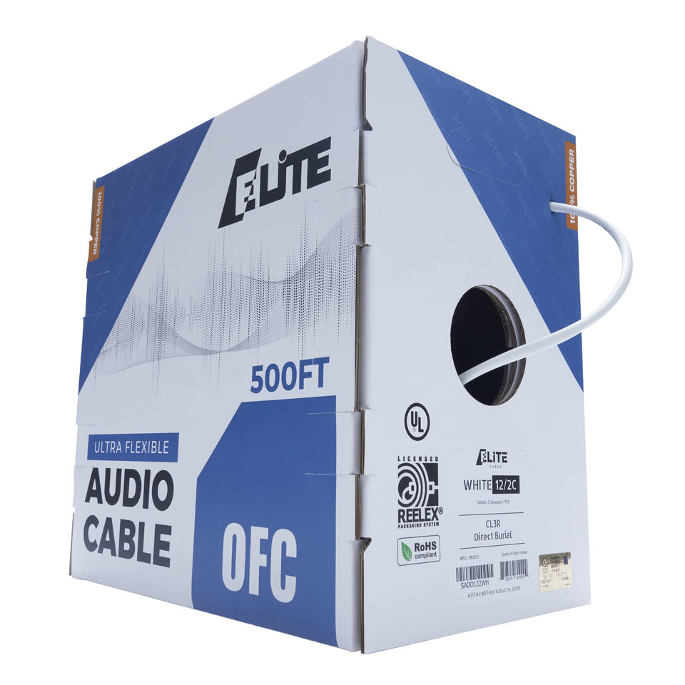 Elite 12/2 speaker wire coil highlighting OFC purity for clean audio signals