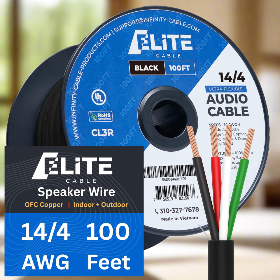 Elite 14/4 speaker wire with OFC copper core for improved signal quality.