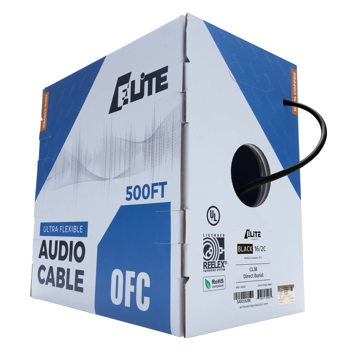 Elite 16/2 speaker cable packaging with UL listing label for safe home installation