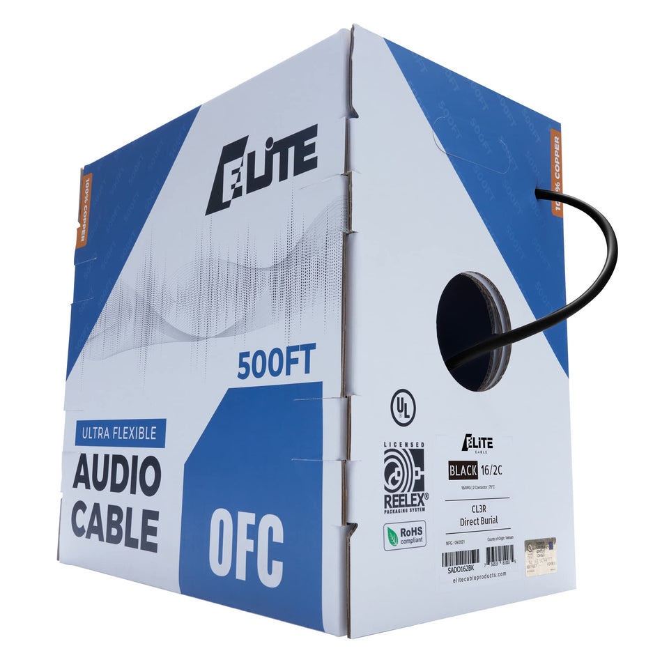 Elite 16/2 speaker cable packaging with UL listing label for safe home installation