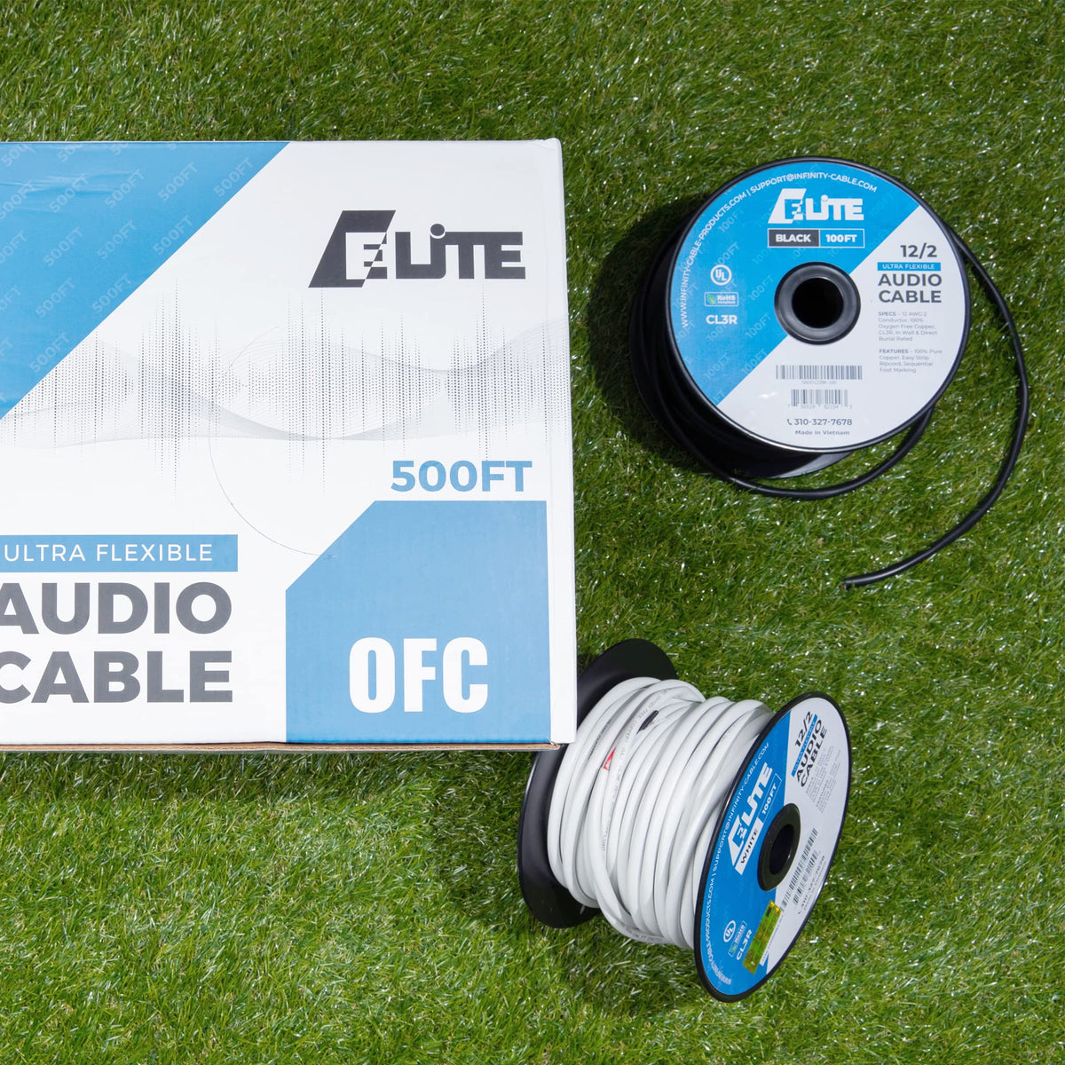 Elite 100ft spool beside tape measure showing length and scale advantage