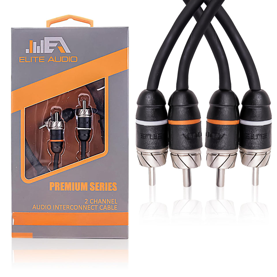 Elite Audio PRM1.5 RCA short cable showing compact in-car connection and tidy wiring.
