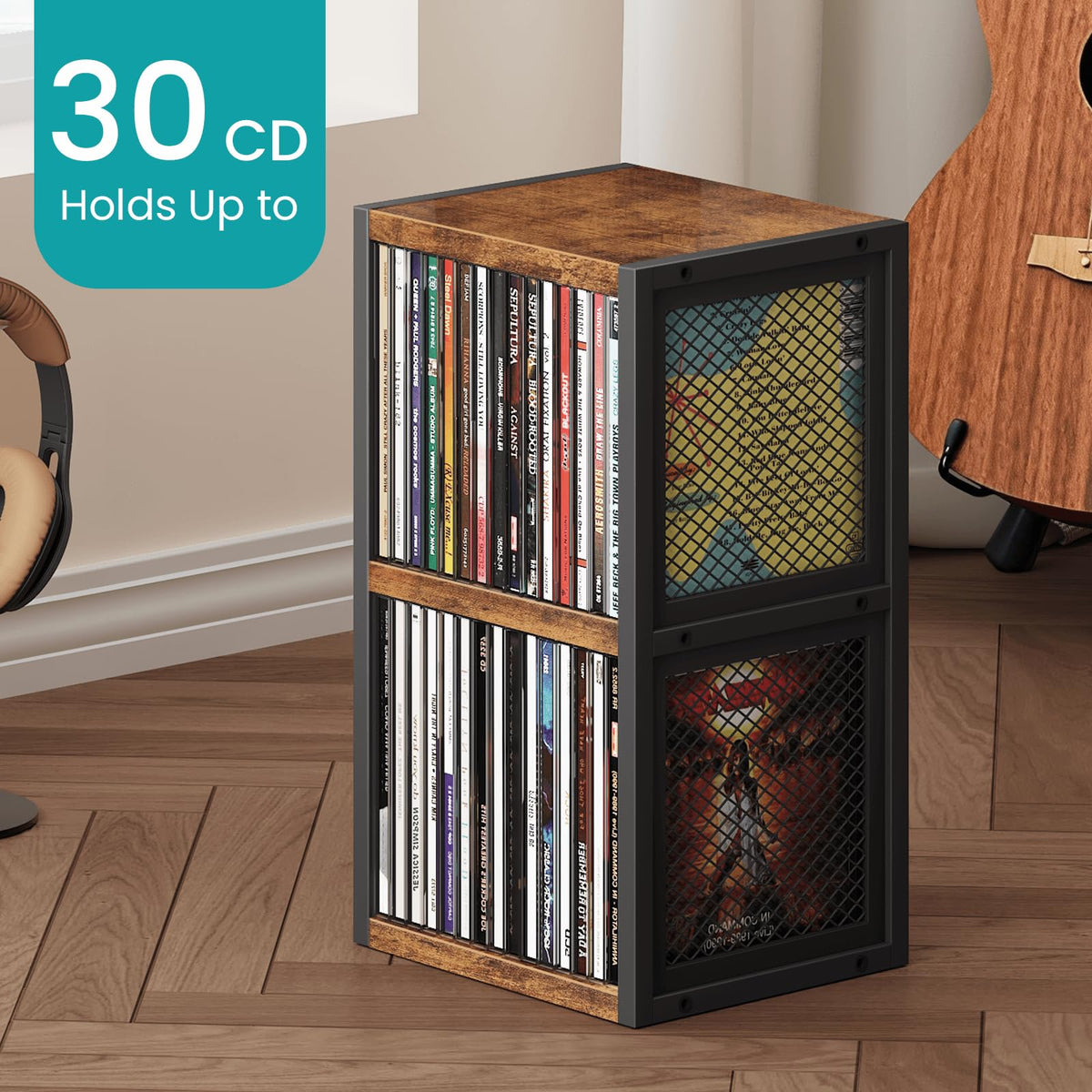 ELITEROO CD Holder side mesh panel highlights sturdy wood and metal build