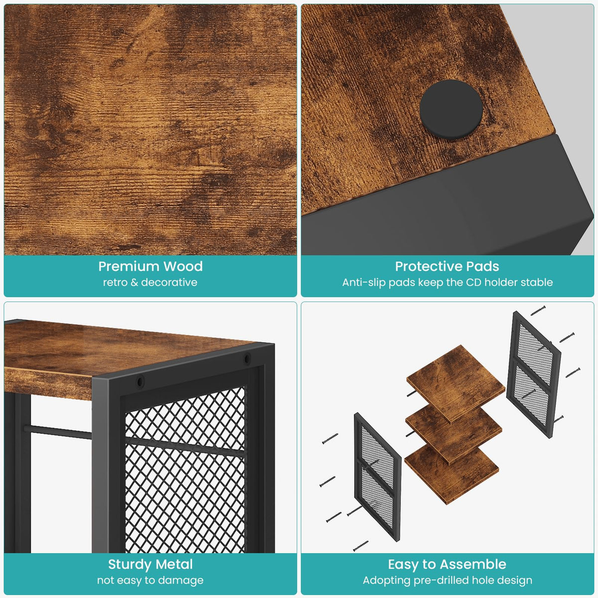 ELITEROO CD Holder close-up of wood grain and metal frame