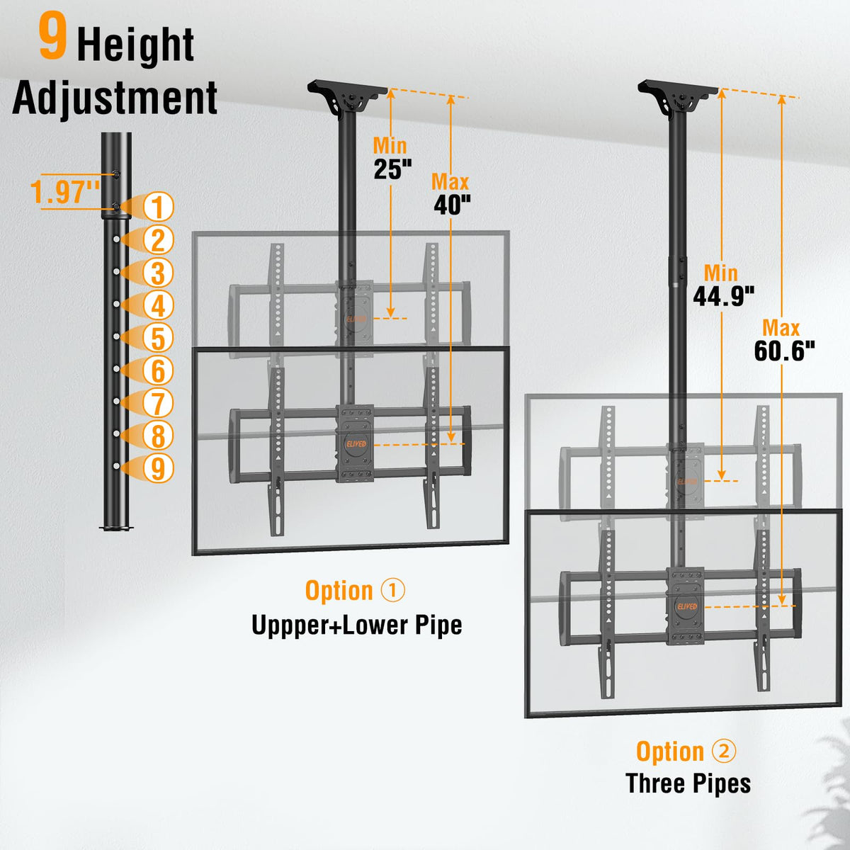 ELIVED mount with nine height settings enabling flexible ceiling hangs.
