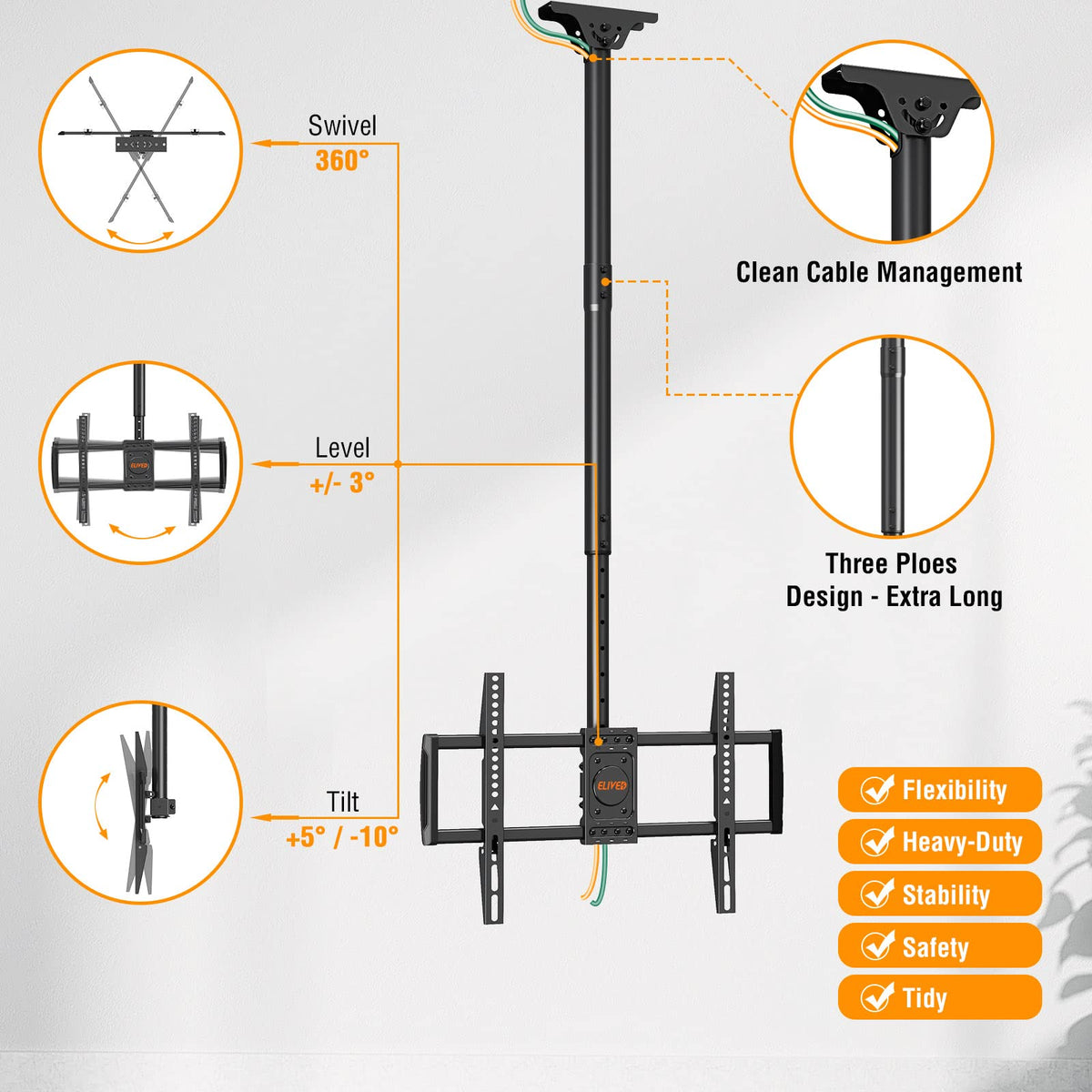 ELIVED tilt-angle adjustments provide precise screen angles for glare reduction.