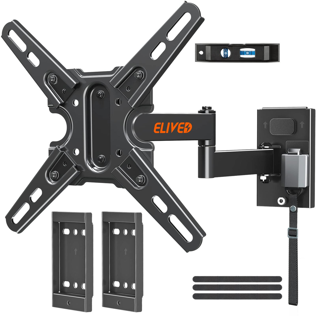 ELIVED front view of packaged lockable RV TV mount showing sturdy steel construction and included parts