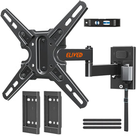ELIVED front view of packaged lockable RV TV mount showing sturdy steel construction and included parts