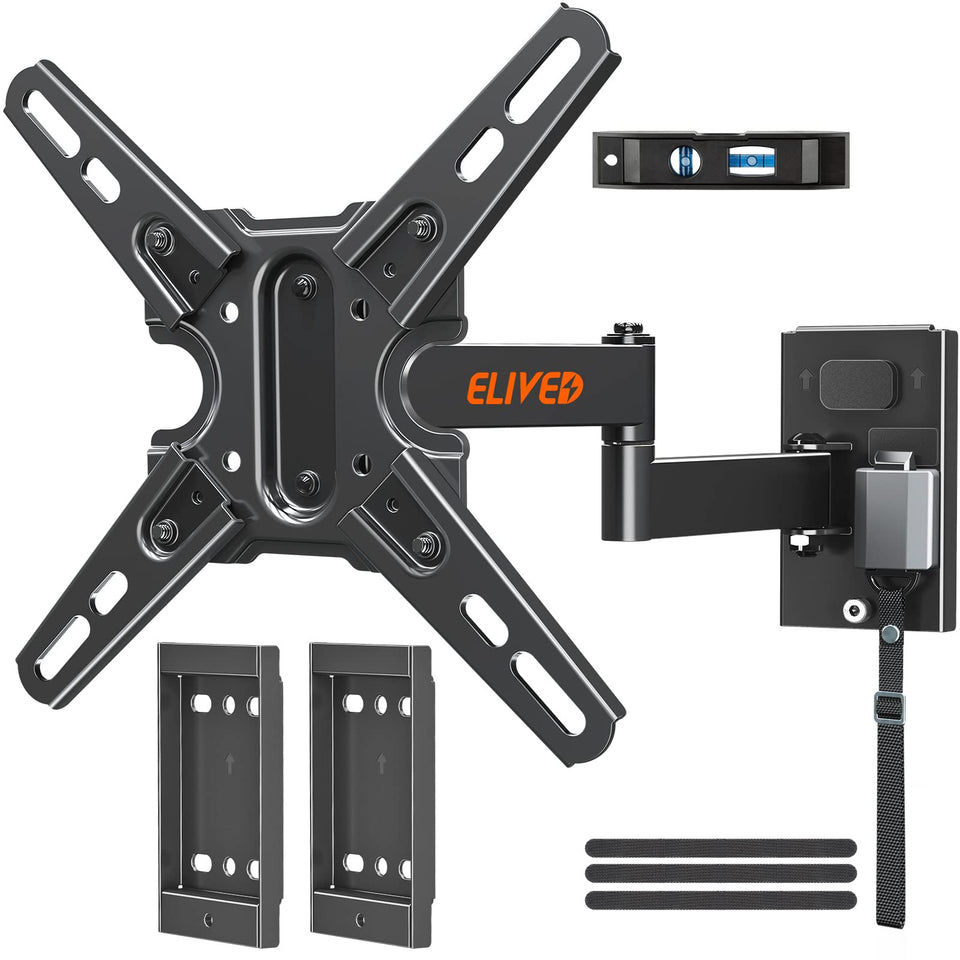 ELIVED front view of packaged lockable RV TV mount showing sturdy steel construction and included parts