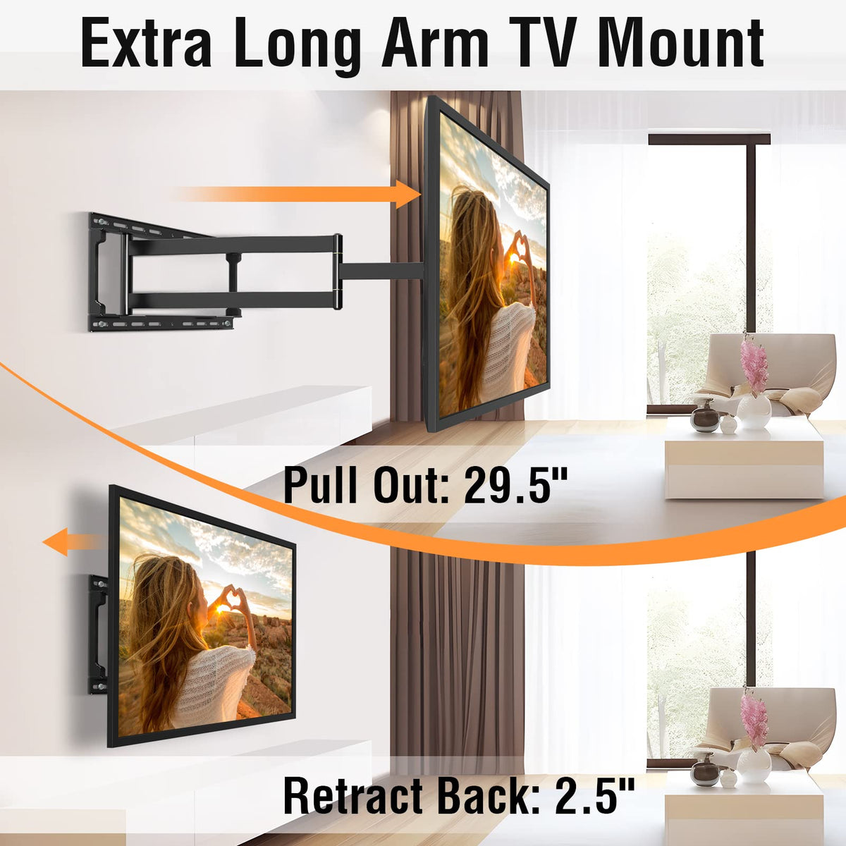 ELIVED full motion TV mount tilts and swivels for comfortable seating