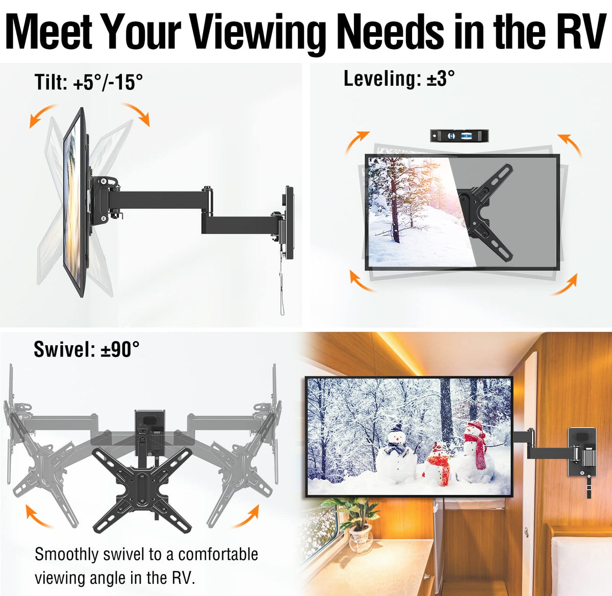 ELIVED retracted mount profile on RV wall saving space and keeping TV snug while parked