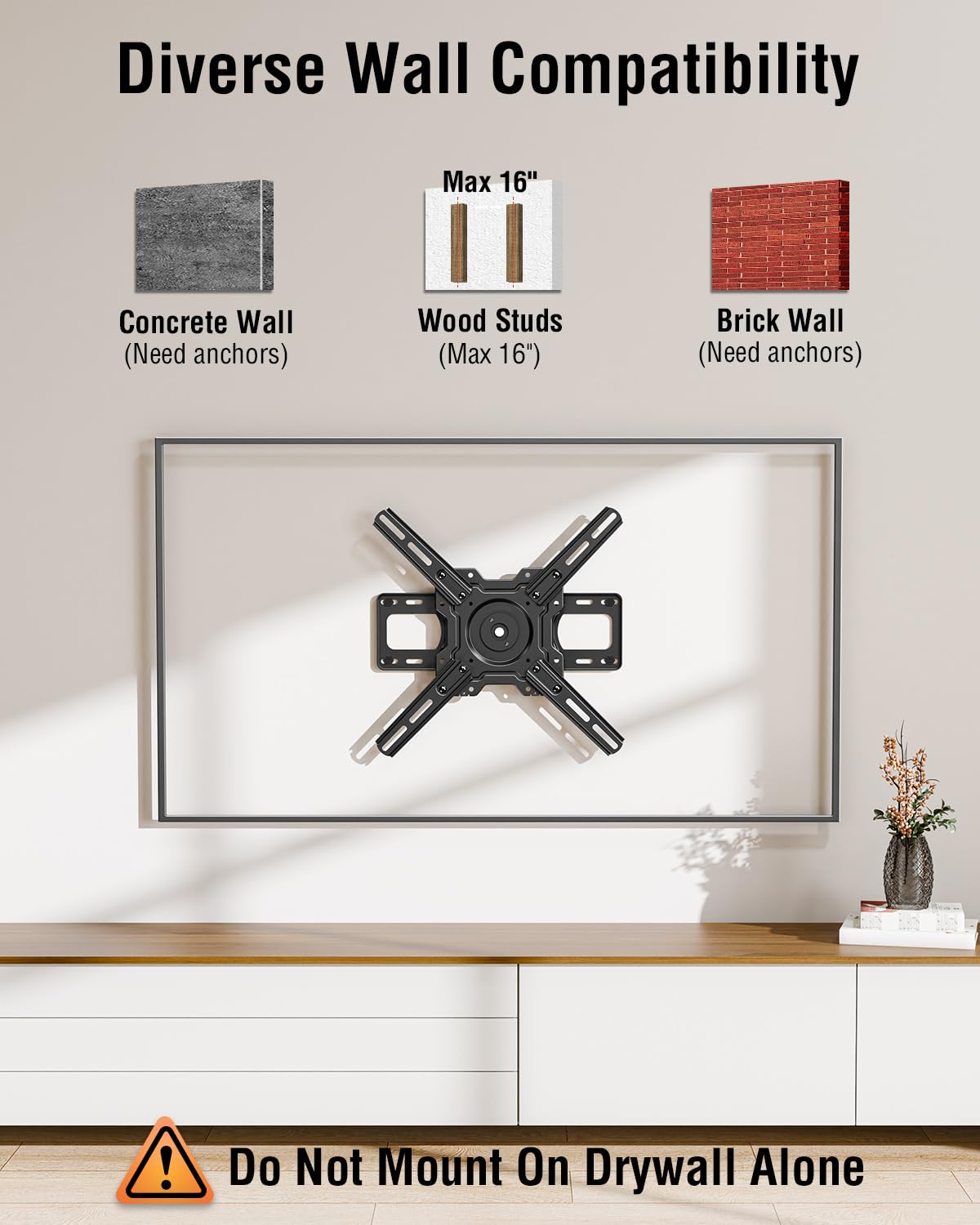 ELIVED mount next to TV for scale to show compatible VESA and weight capacity