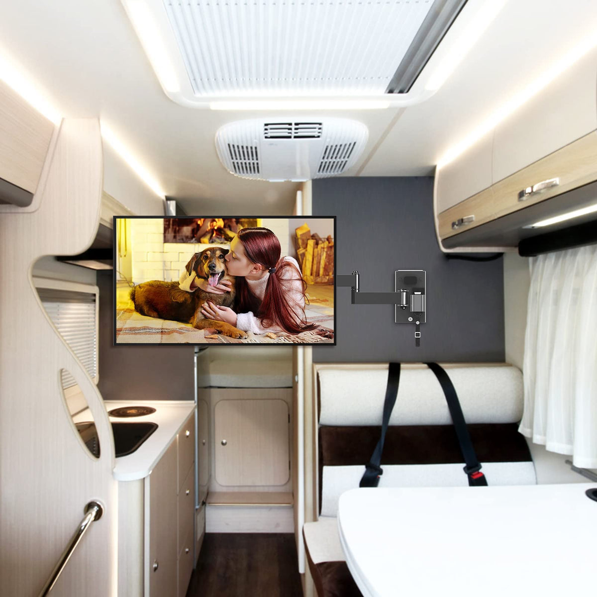 ELIVED mounted TV with ruler for size comparison illustrating fit for 13–43 inch screens