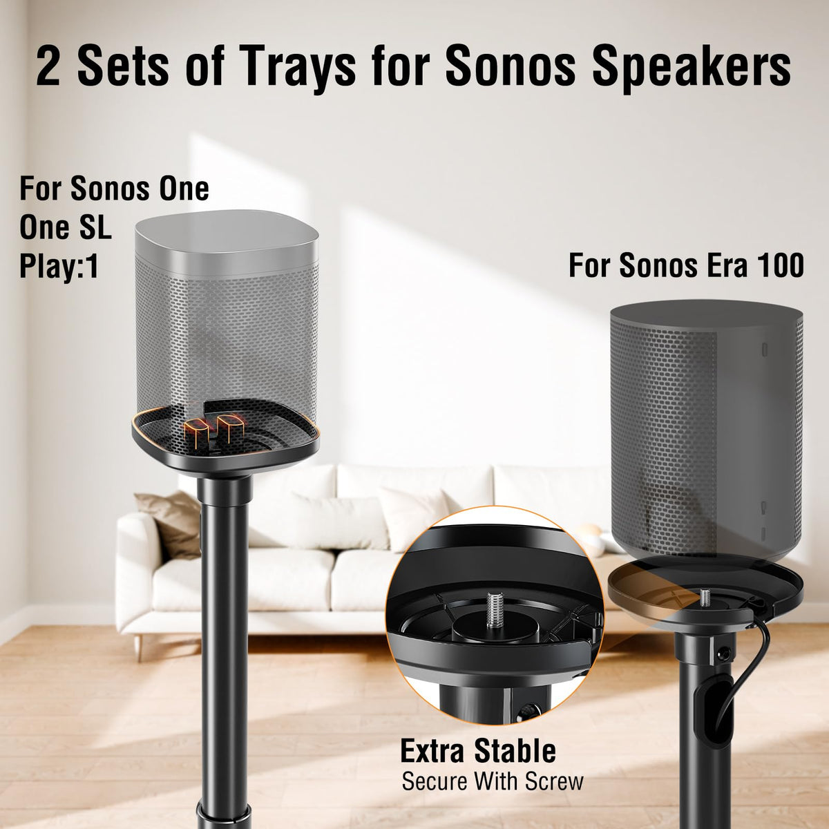 ELIVED speaker stands with Sonos One/SL/Play:1 tray for stable mounting