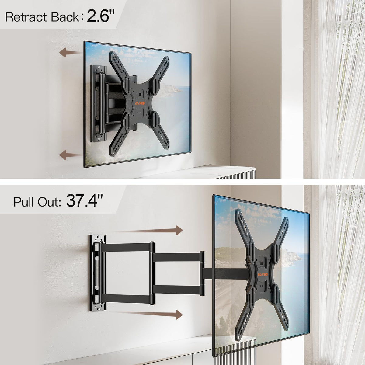 ELIVED swivel capability showing 90-degree reach for corner setups.