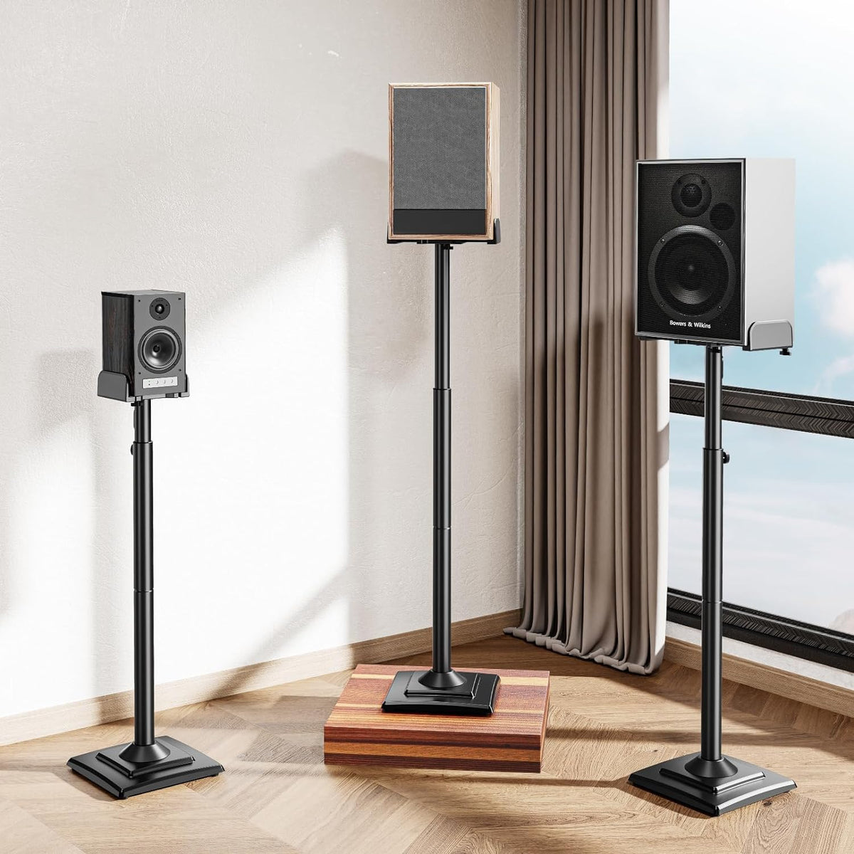 ELIVED universal speaker stands adjustable tubes showing height customization for room layouts