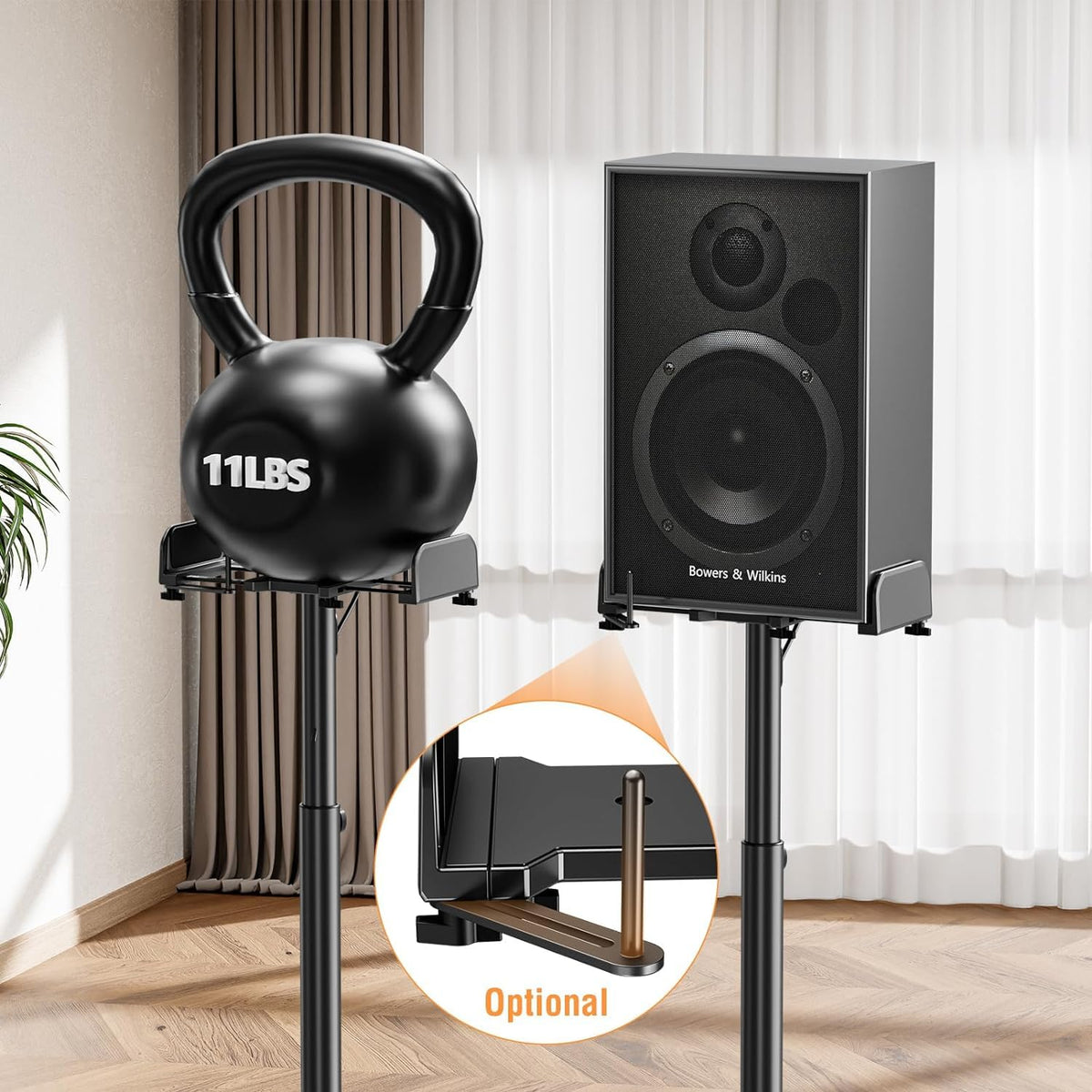 ELIVED stands shown in a living room setup ideal for home theater spacing