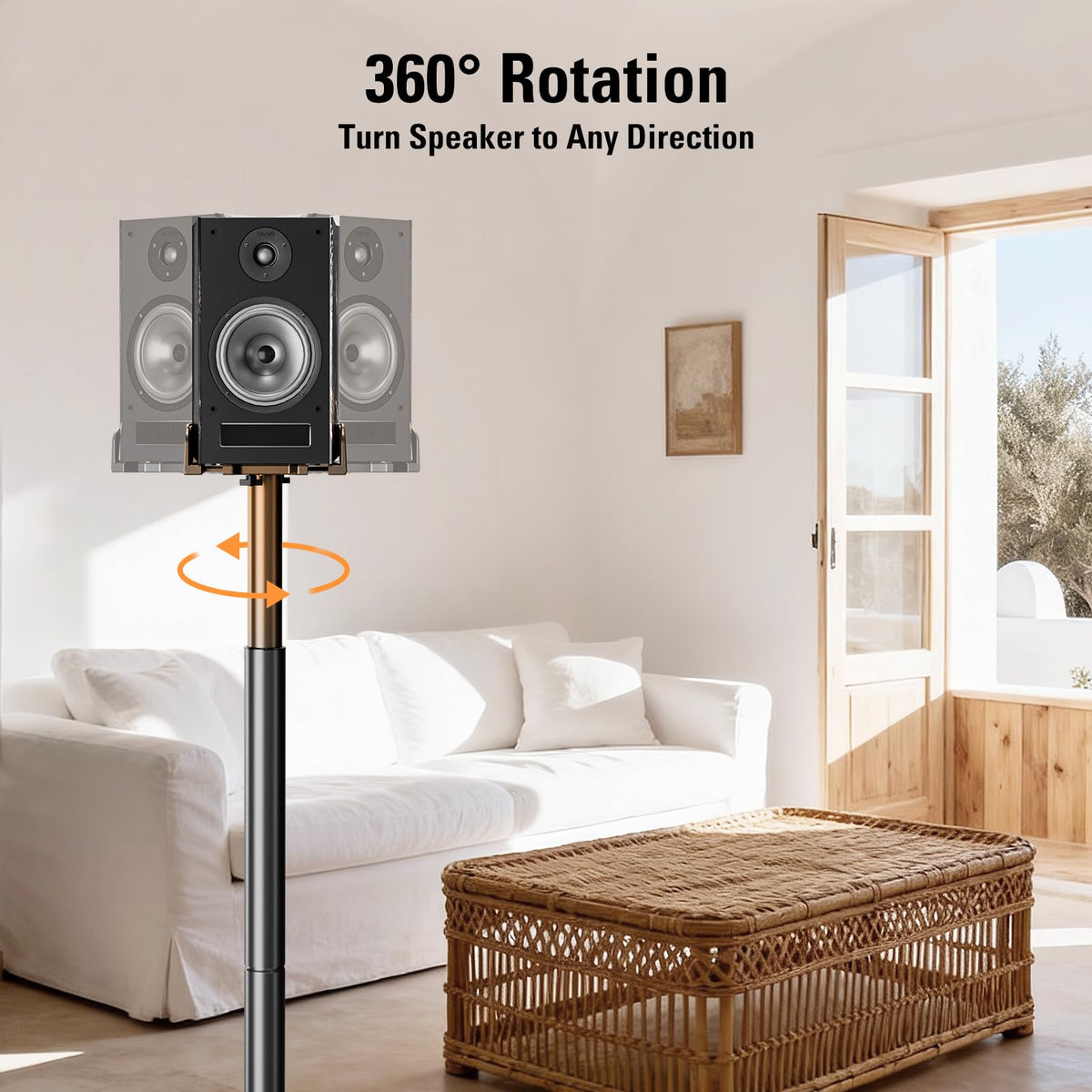 ELIVED universal speaker stands on the floor supporting a bookshelf speaker