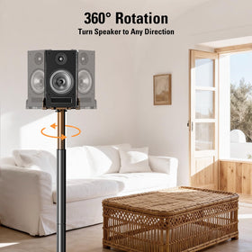 ELIVED universal speaker stands on the floor supporting a bookshelf speaker