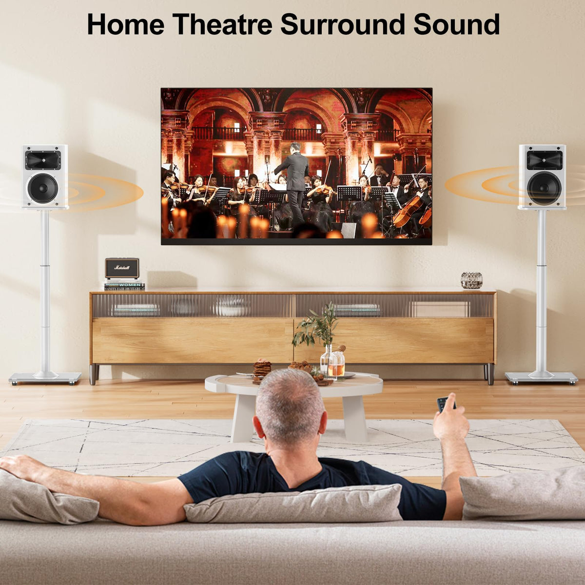 ELIVED white finish complements modern home theater spaces with subtle elegance.