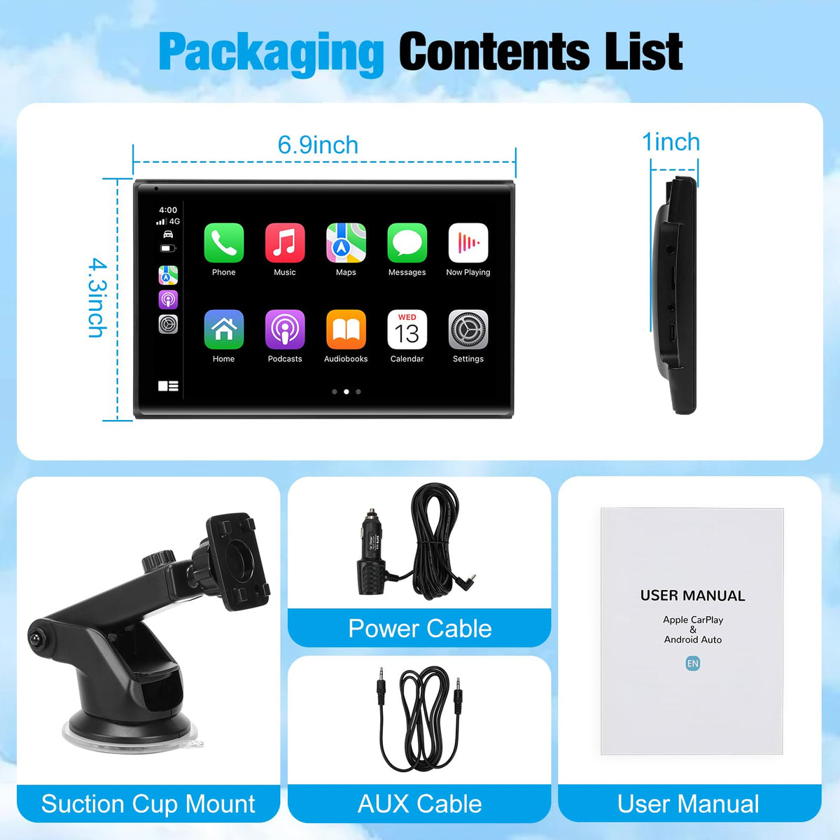 ELJBELG package contents laid out showing screen, mount, and cables