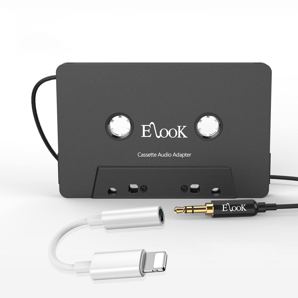 Elook cassette aux adapter kit setup in a vintage car for easy music playback