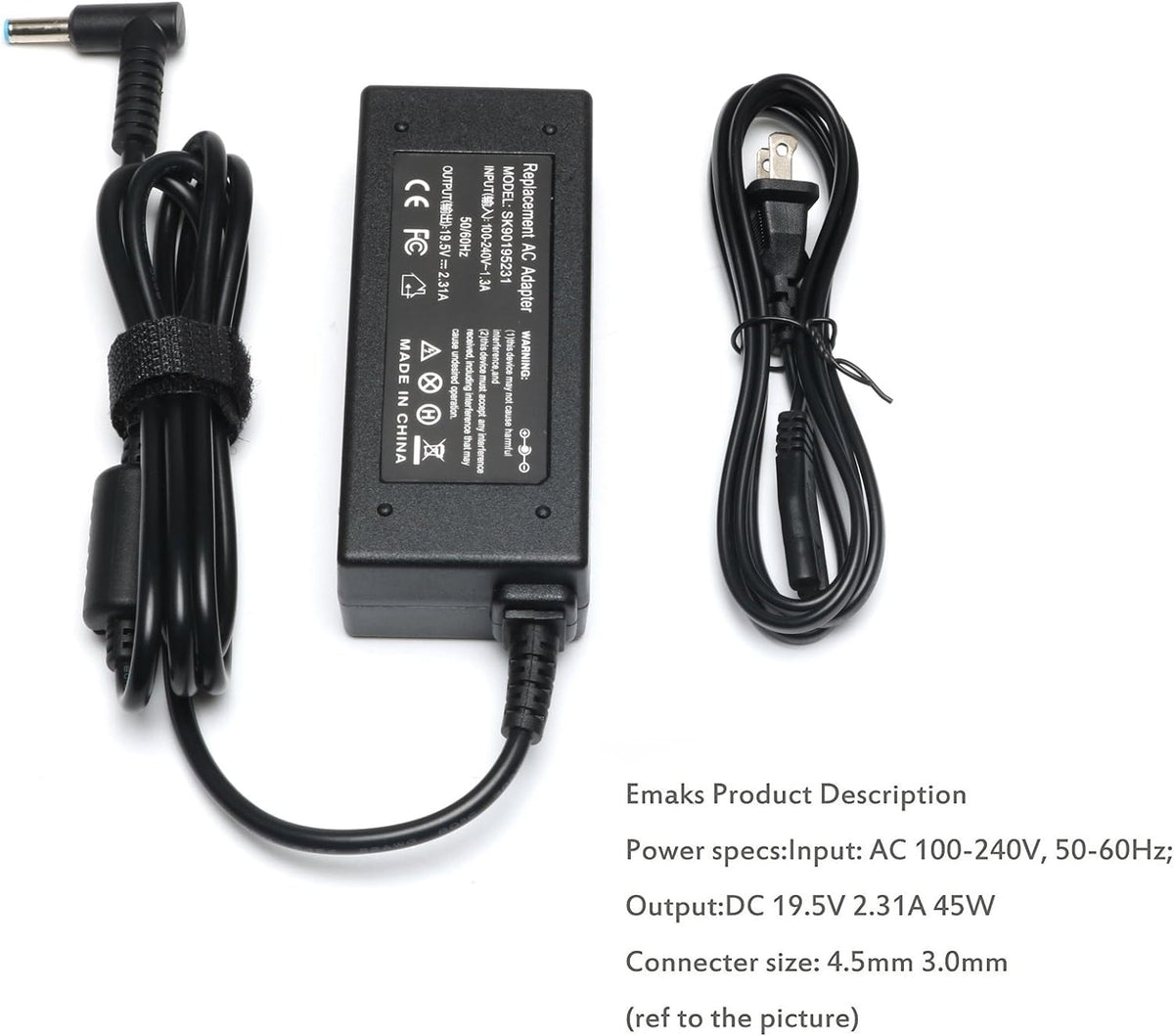 Emaks 45W HP 17 charger, side view, compact travel-ready power.
