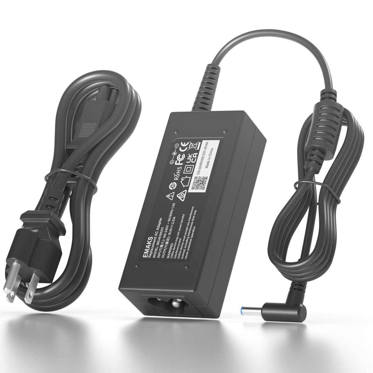 Emaks 45W HP charger powering compatible HP laptops, front view.