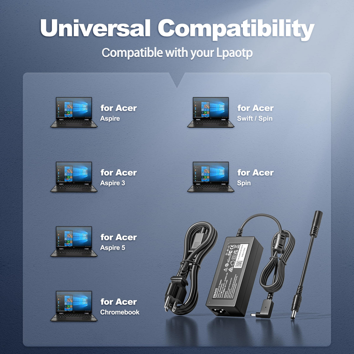 Emaks charger with safety protections for Acer laptops
