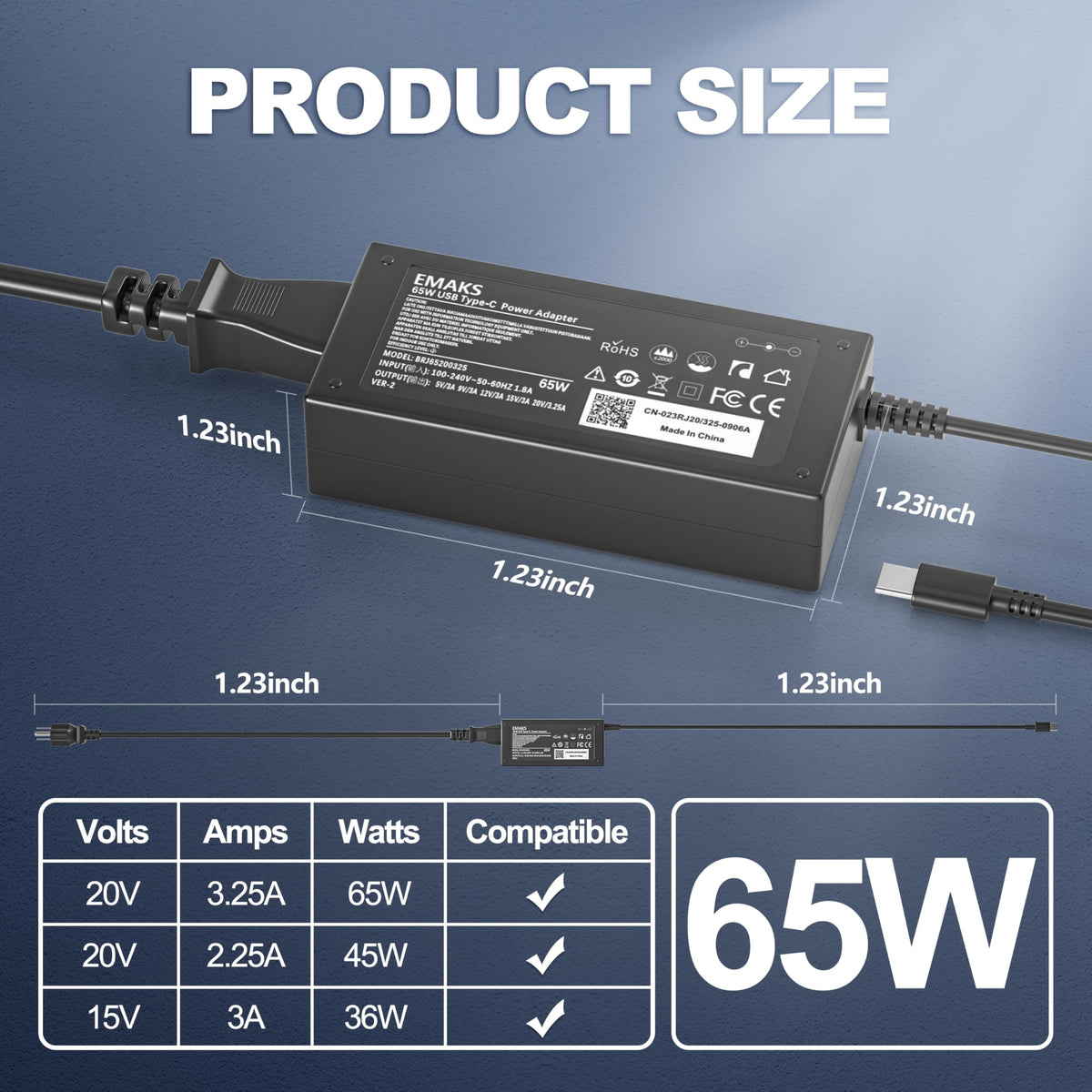 Emaks 65W USB-C charger powering a Dell laptop at home