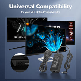 Emaks MSI G32 adapter – desk setup with monitor powered by 20V.