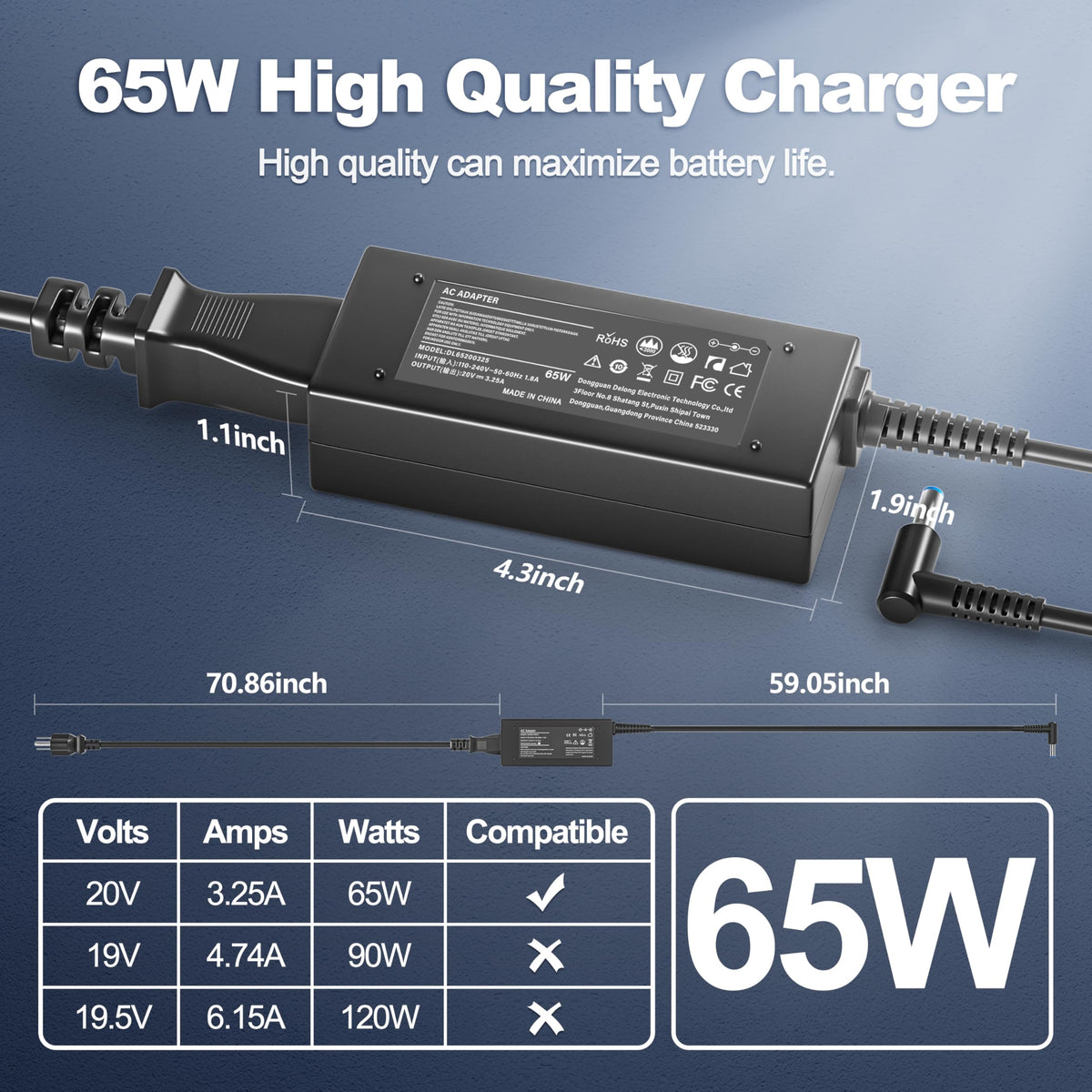 Emaks Philips compatibility 20V cord – versatile power for Philips displays.