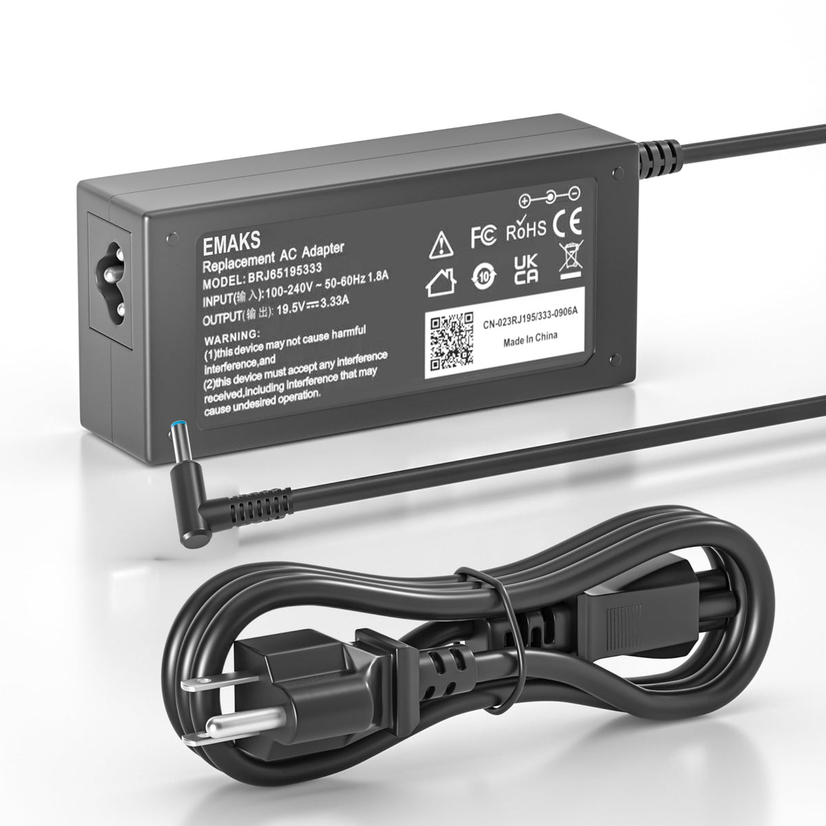 Emaks blue-tip 65W charger for HP Pavilion 15-F series powers laptops quickly.