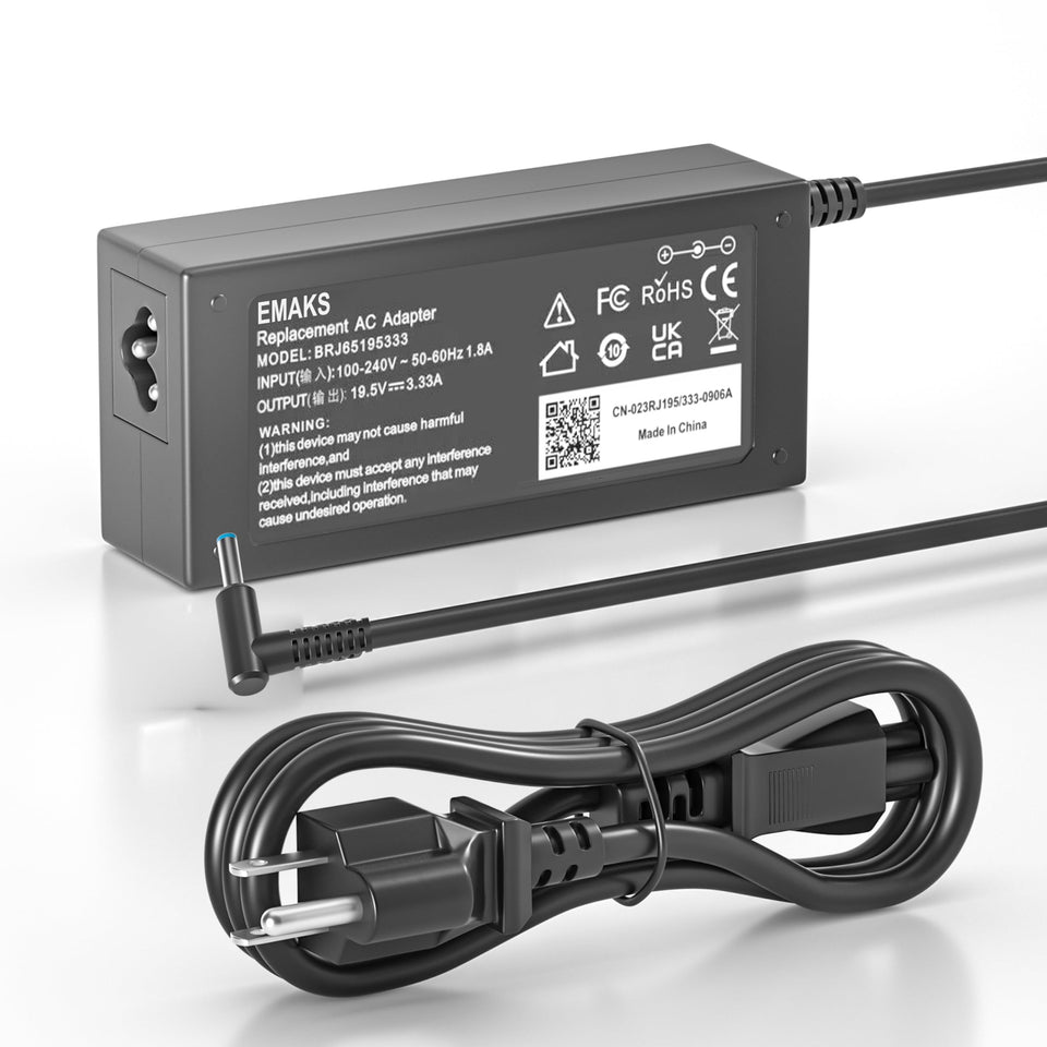 Emaks blue-tip 65W charger for HP Pavilion 15-F series powers laptops quickly.