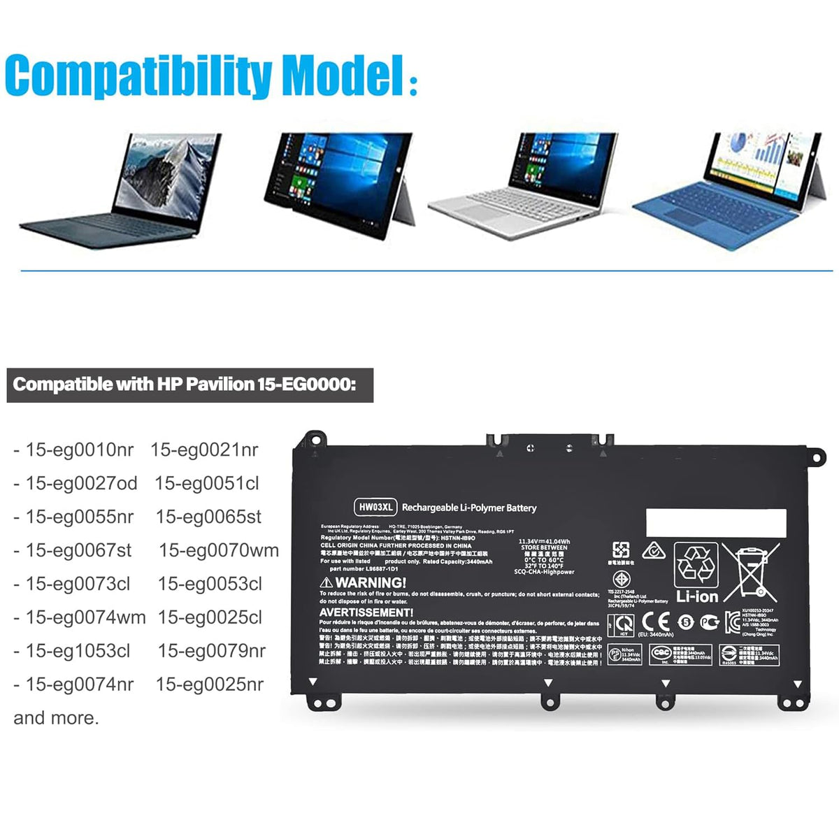 Emaks HW03XL battery label closeup with voltage and capacity for easy verification