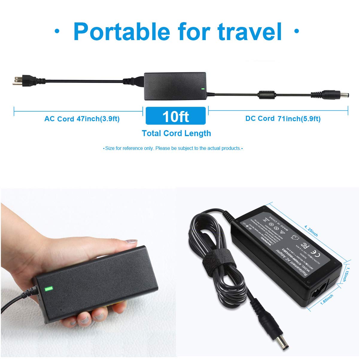 Emanjor 19V 3.42A adapter with visible connector for stable laptop charging