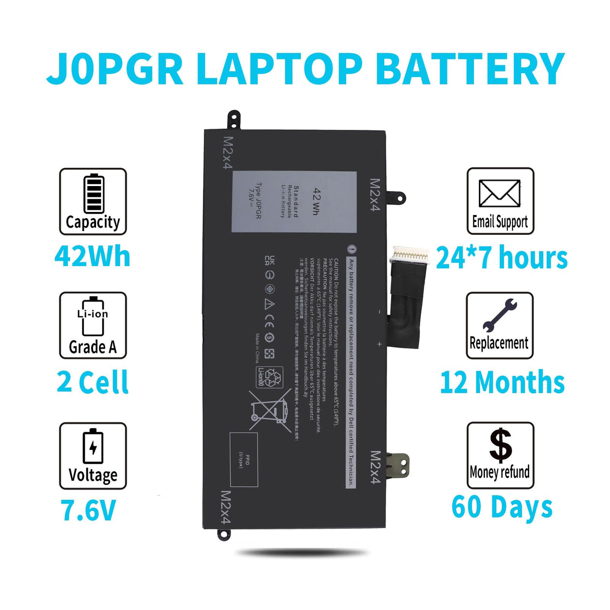 Emanjor 42Wh J0PGR battery label with specs and safety marks.