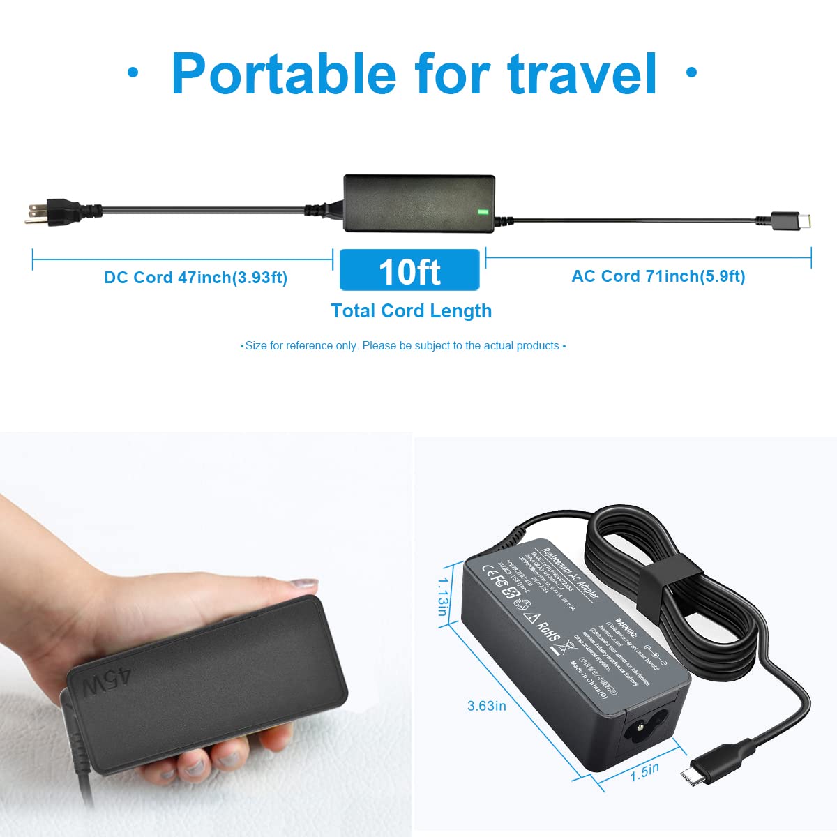 Emanjor 45W USB-C charger with DC power cable included.