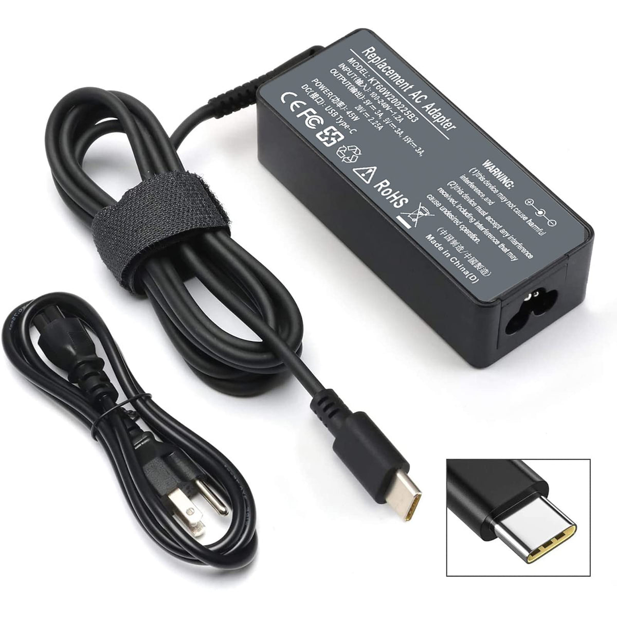 Emanjor 45W USB-C charger front view for HP Chromebooks, compact and safe.