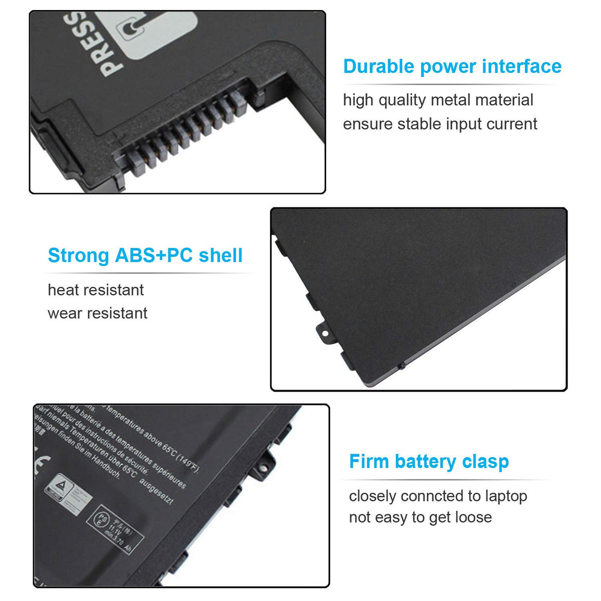 Graphic showing Emanjor battery compatibility with Dell Inspiron and Latitude models.