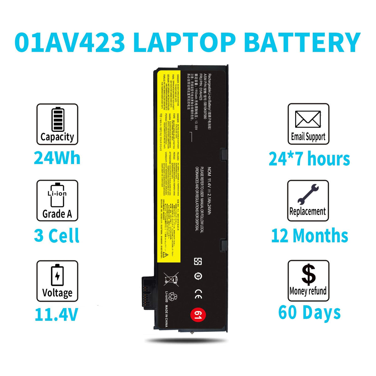 Emanjor battery packaging showing included components.