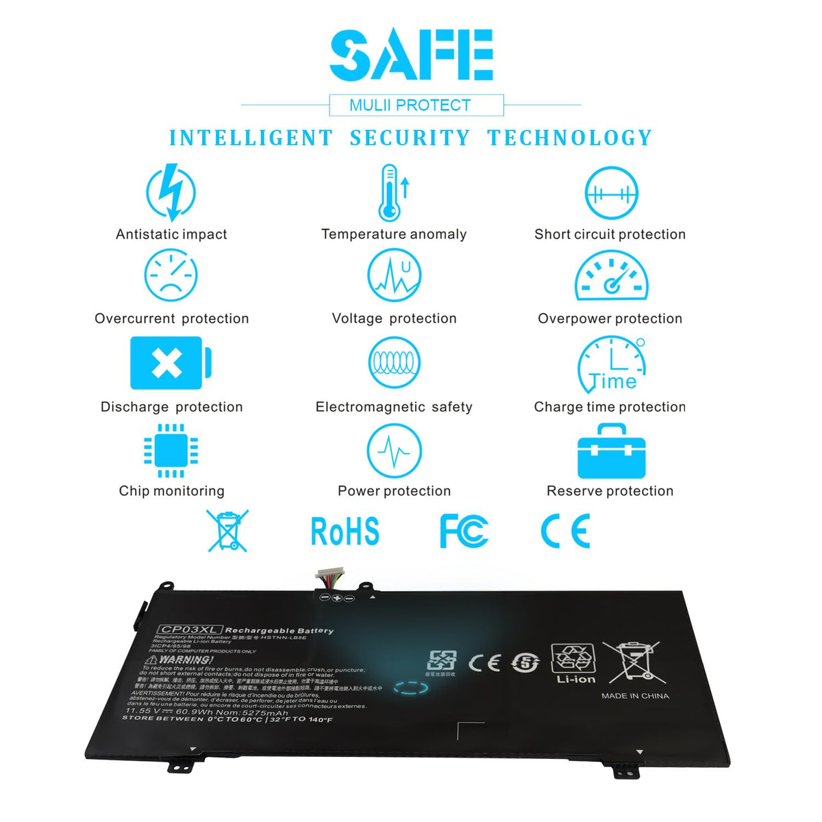 Warranty and safety certifications badge for CP03XL with replacement promise