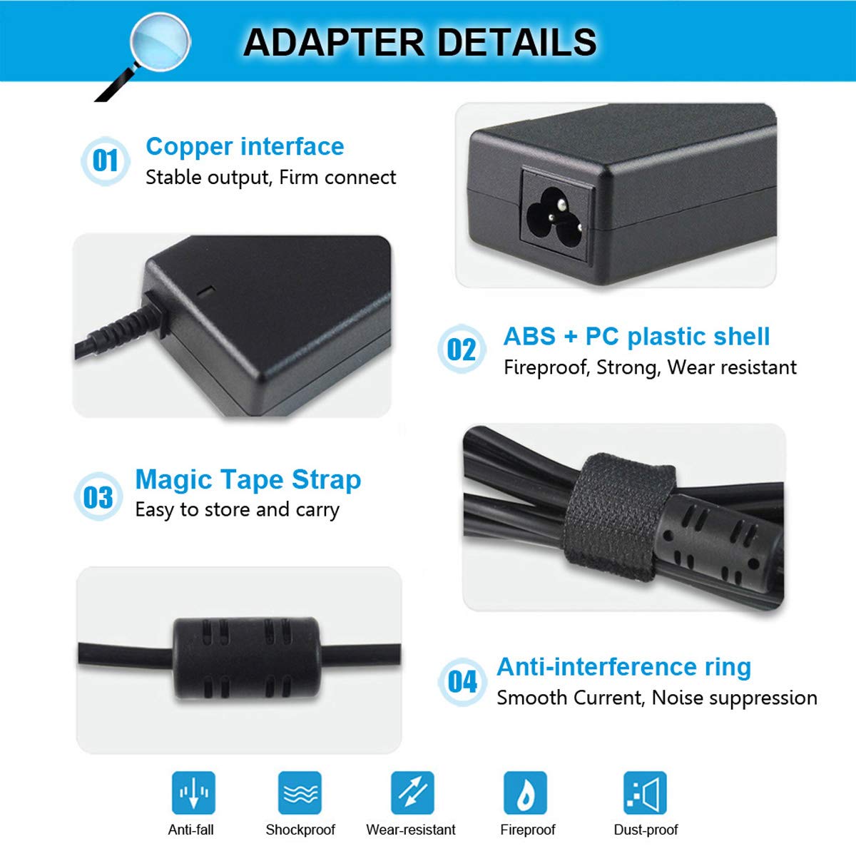 Emanjor Dell Inspiron adapter front view with safety certifications badge