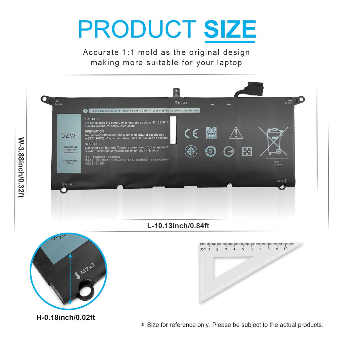 Emanjor battery next to ruler showing compact size and portability