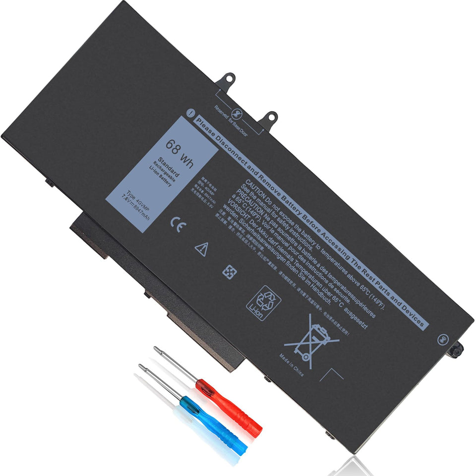 Emanjor front view of replacement 68Wh battery showing shape and fit for Dell laptops, restore battery life